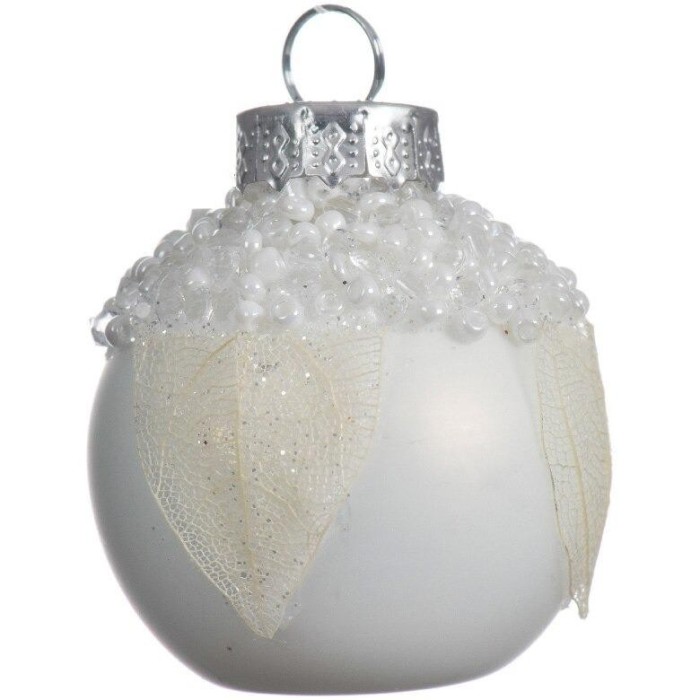 SFERA VETRO WHITE FOGLIE E PERLINE